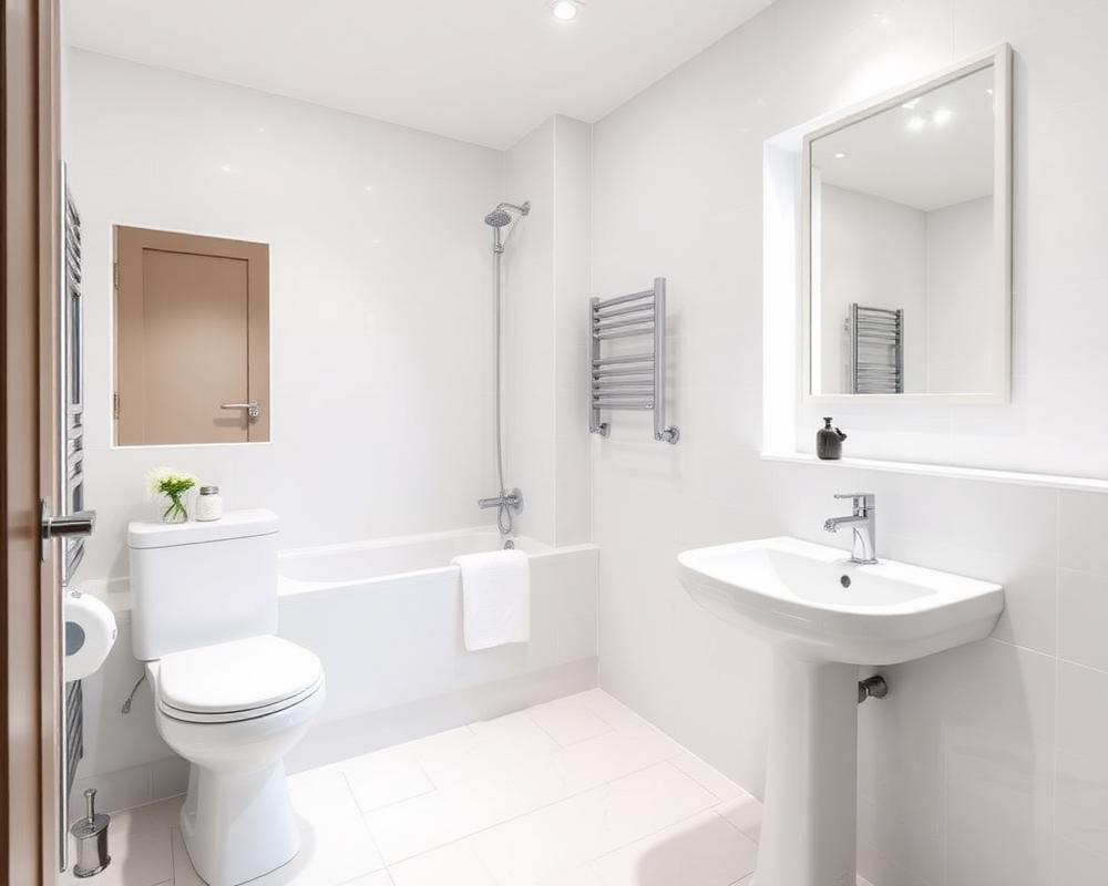 Family bathroom installation with white suite and chrome fittings