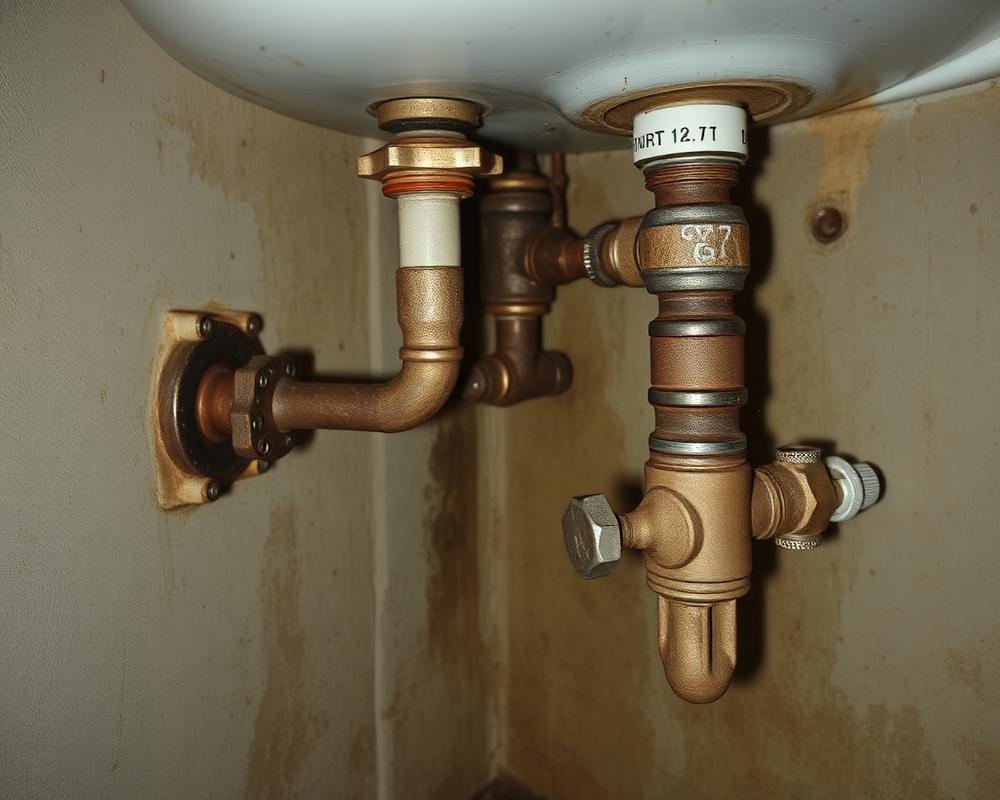 Corroded old pipework and rusty valves under a sink before replacement