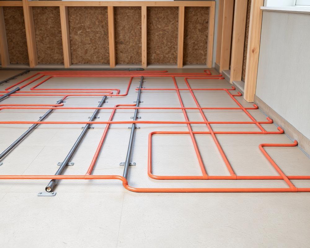 Underfloor heating pipework laid across a floor