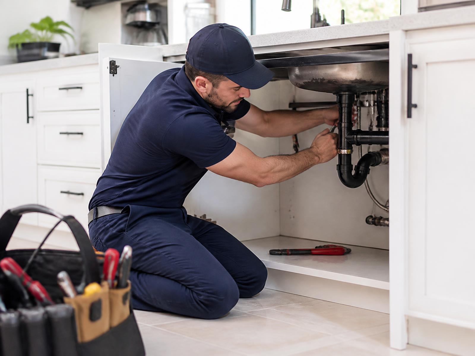 Reliable Flow plumber repairing pipework under a kitchen sink