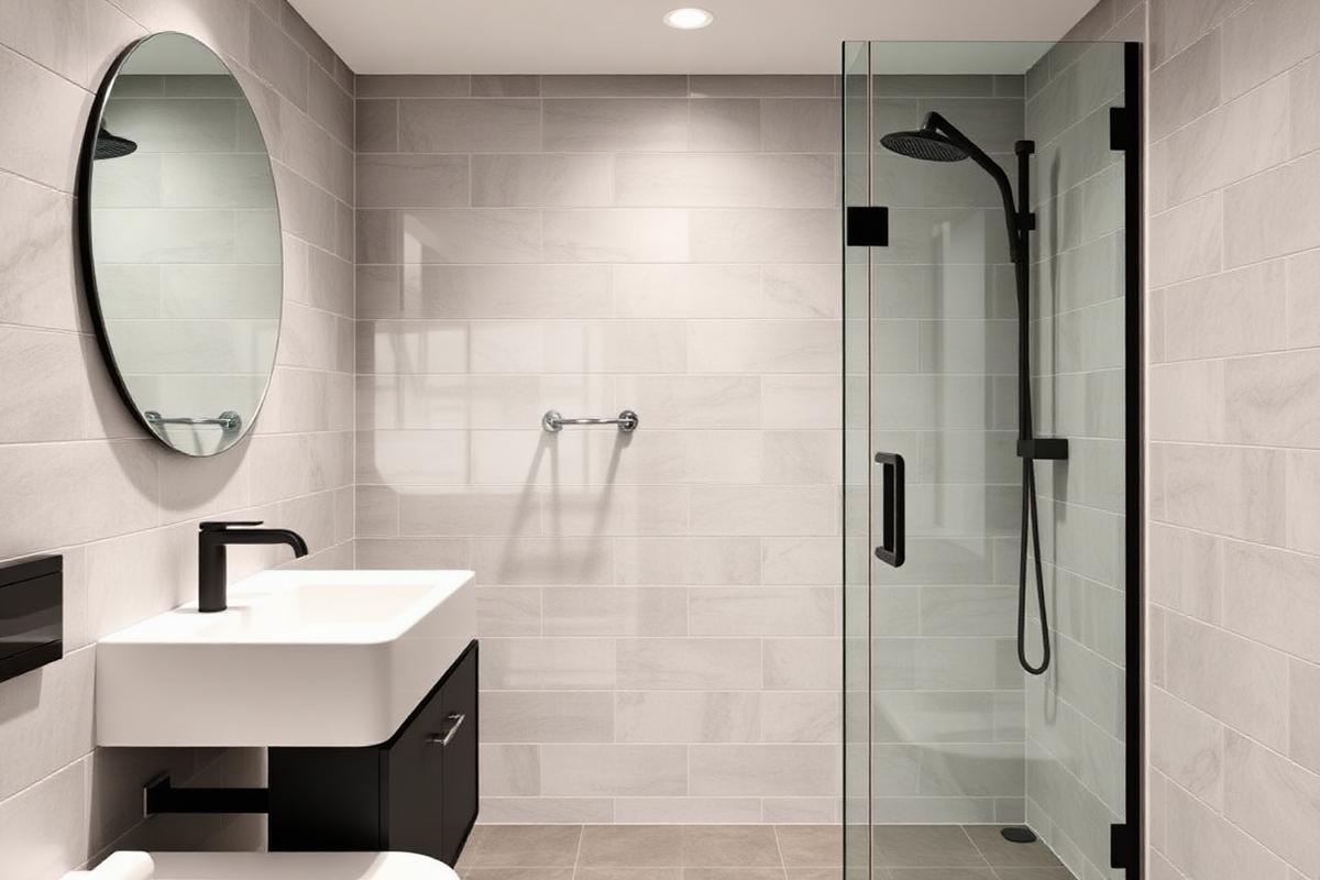 Newly fitted modern bathroom with walk-in shower and black fixtures