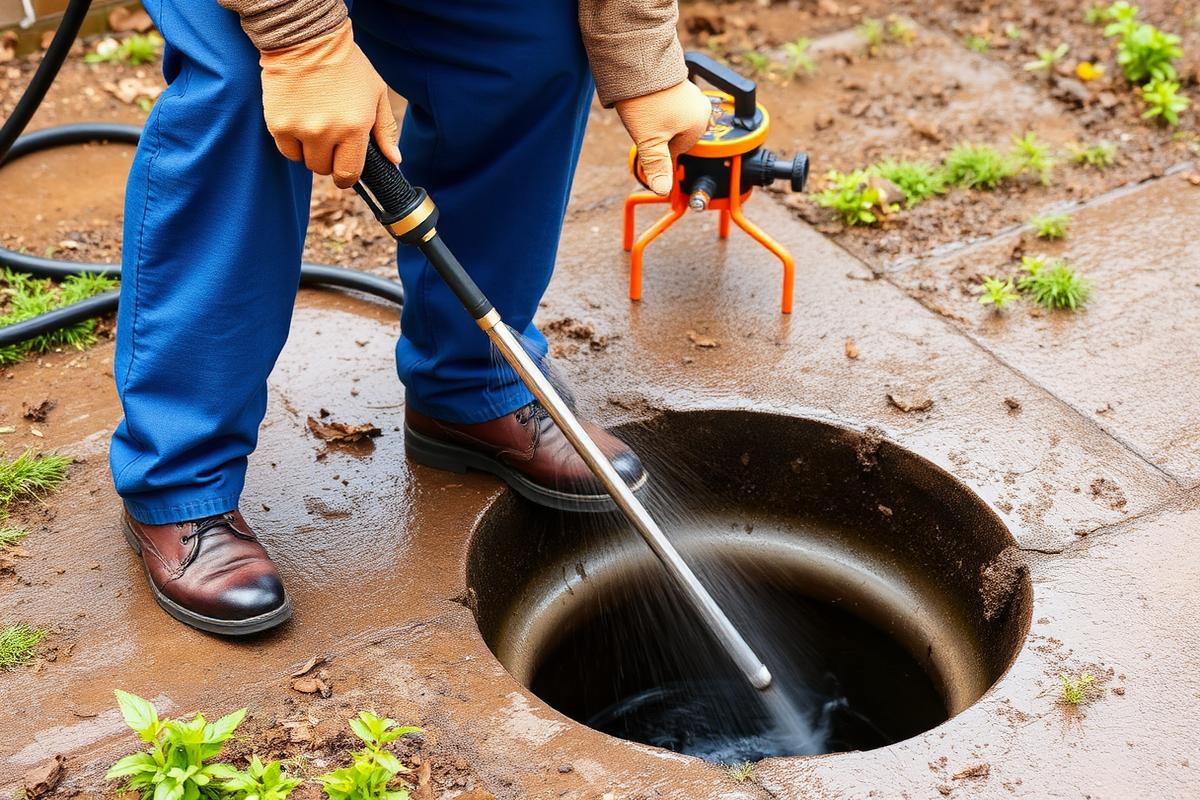 Plumber clearing a blocked outside drain with jetting equipment