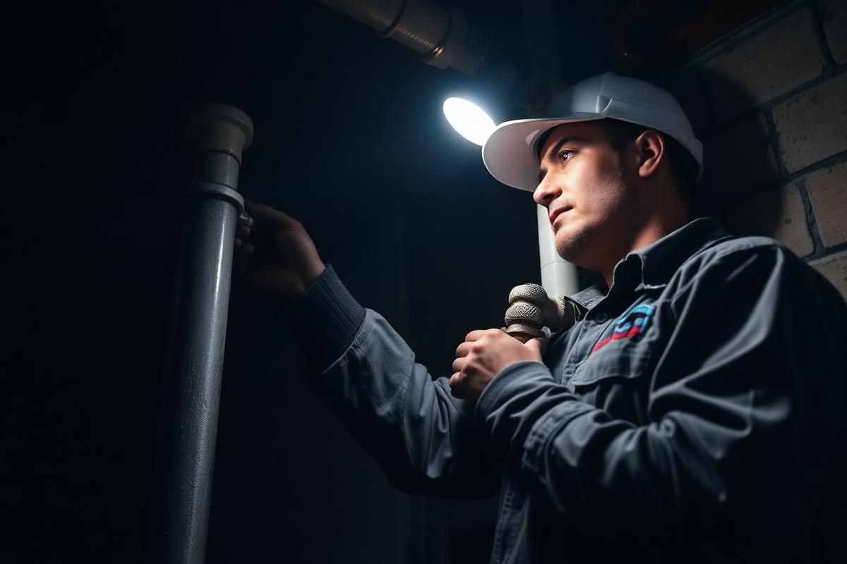 Plumber repairing a burst pipe during a night-time emergency callout