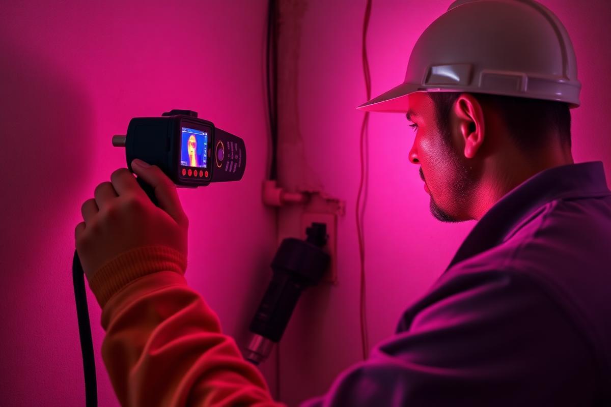 Plumber using a thermal imaging camera to trace a hidden leak