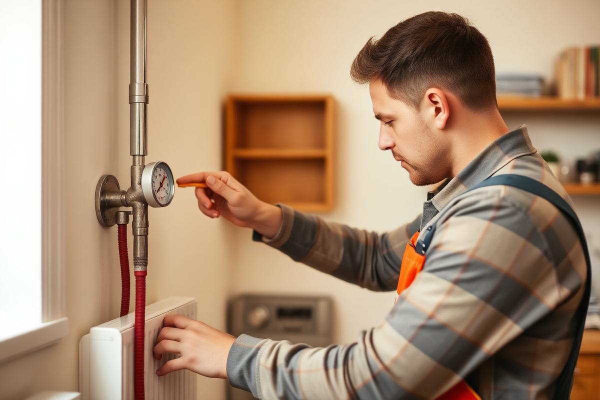 Plumber checking a radiator valve during a routine maintenance visit