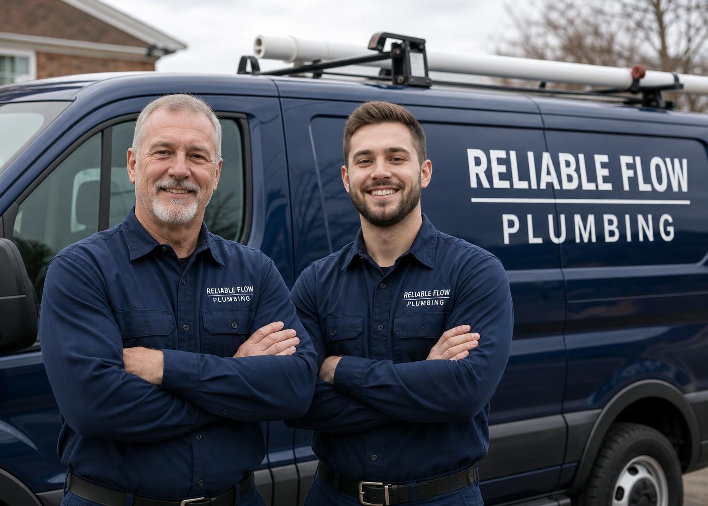 Dave and Tom Hartley standing in front of the Reliable Flow Plumbing van
